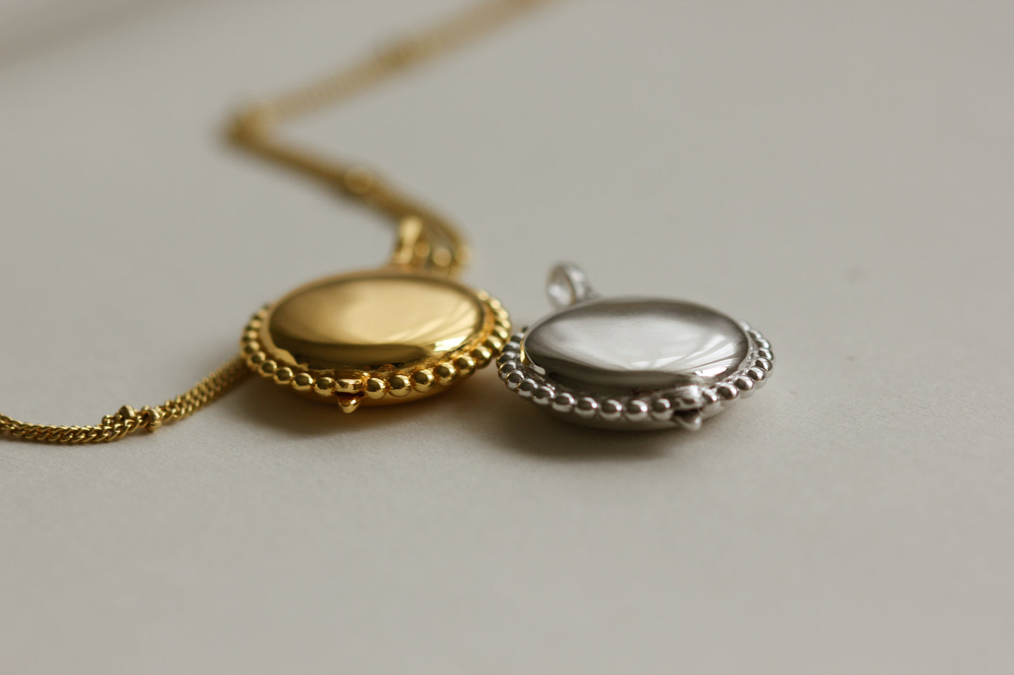 Personalised gold vermeil, sterling silver initial necklace locket Shown with a beaded chain