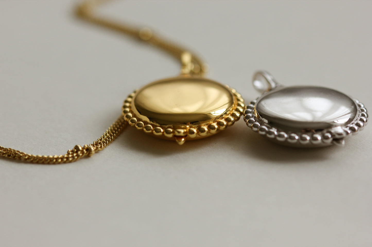 Personalised gold vermeil, sterling silver initial necklace locket Shown with a beaded chain