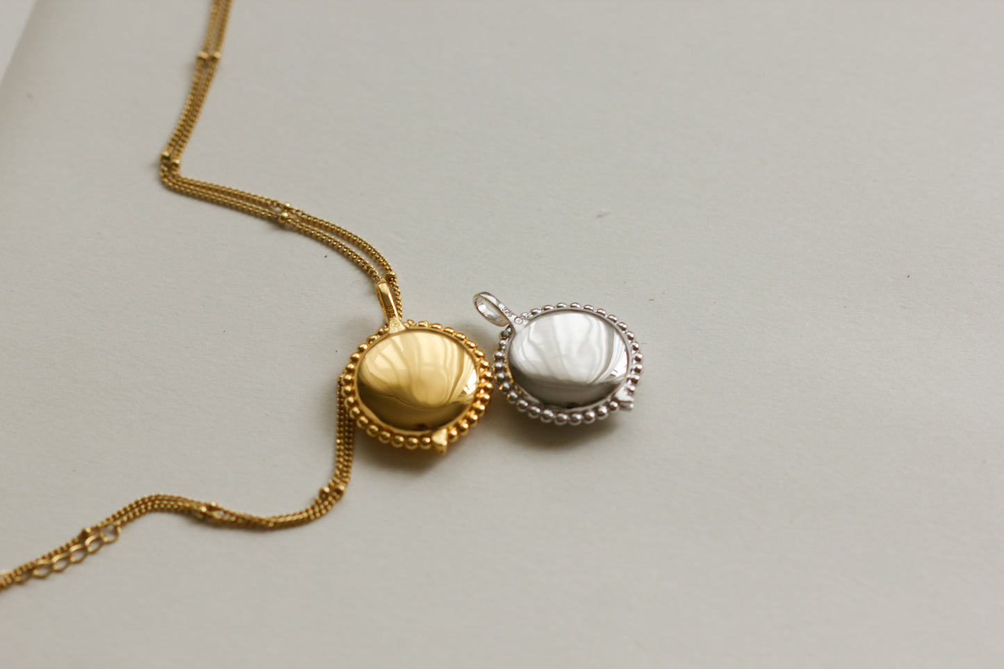 Personalised gold vermeil, sterling silver initial necklace locket Shown with a beaded chain