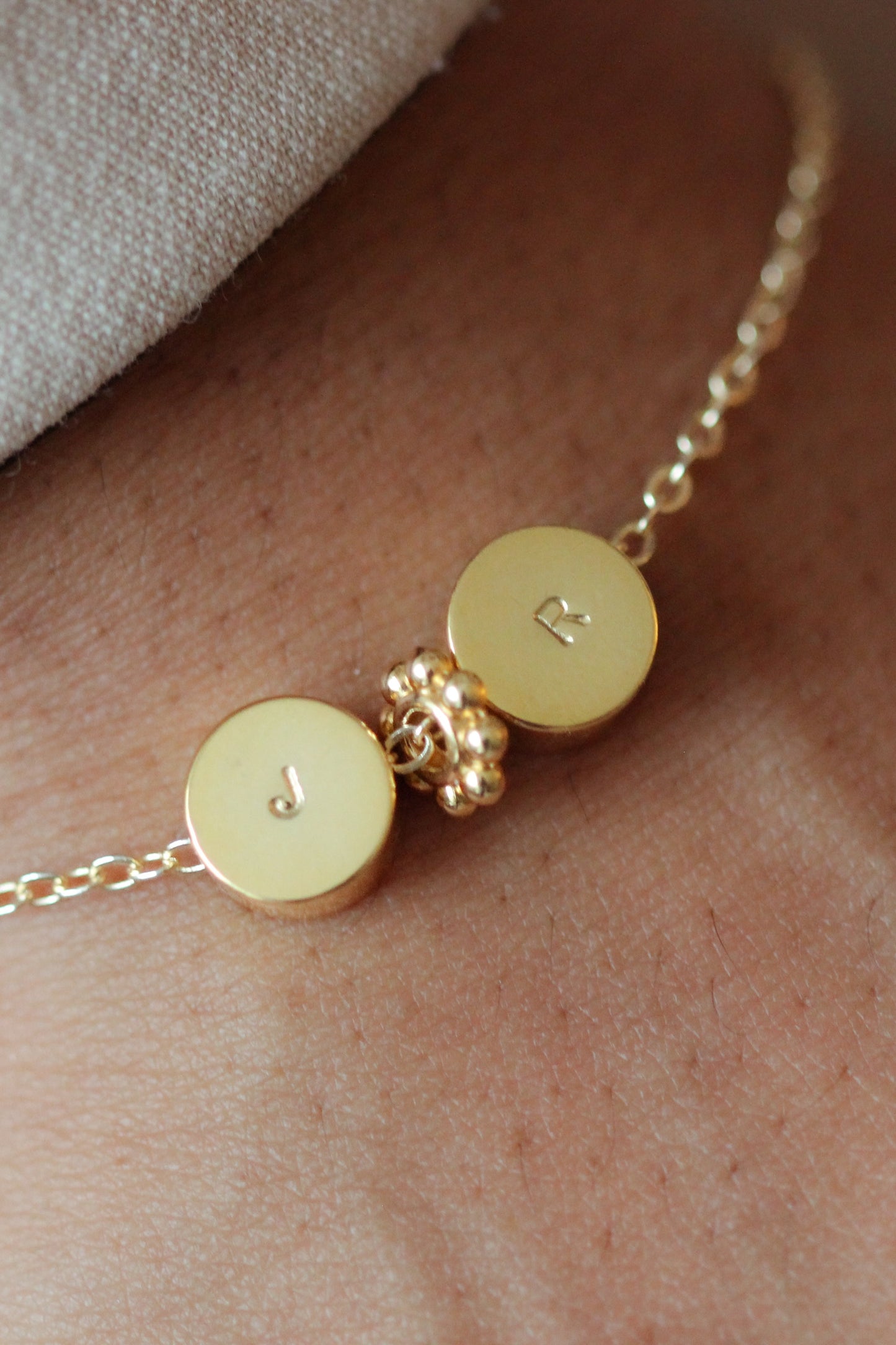 Round pendant initial necklace. Sterling silver and gold vermeil