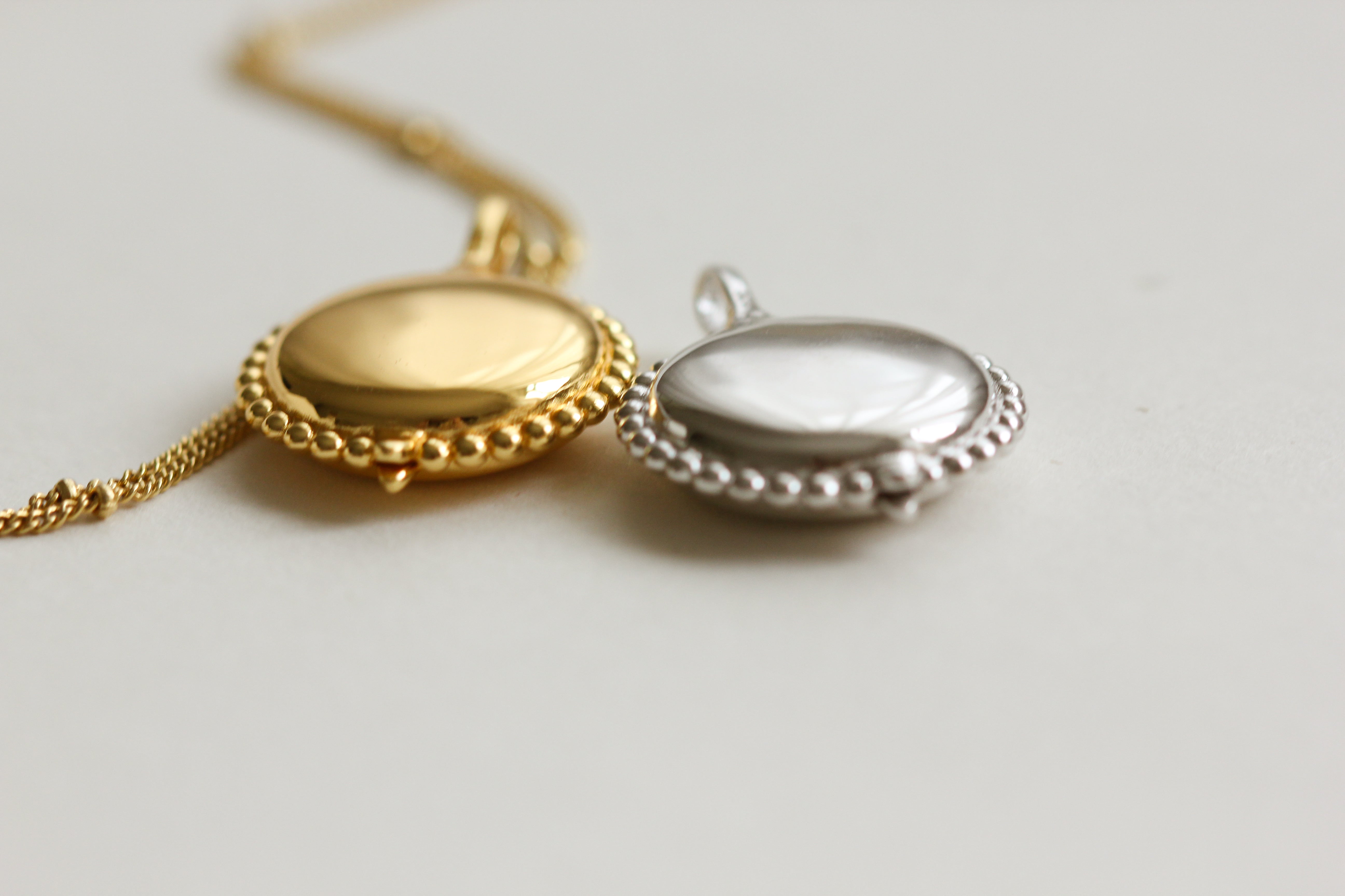 Personalised gold vermeil, sterling silver initial necklace locket Shown with a beaded chain 