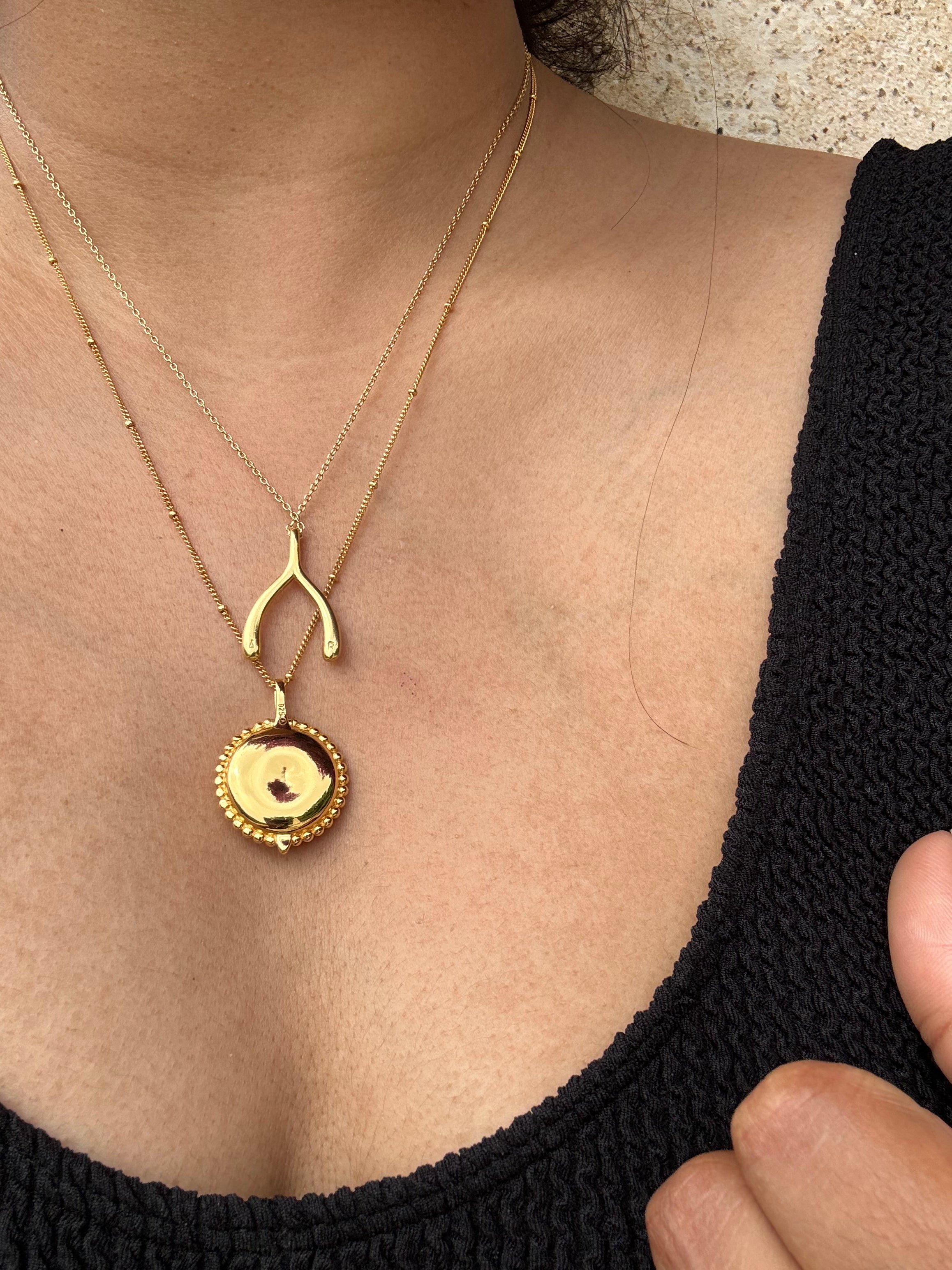 Personalised gold vermeil, sterling silver initial necklace locket Shown with a beaded chain 