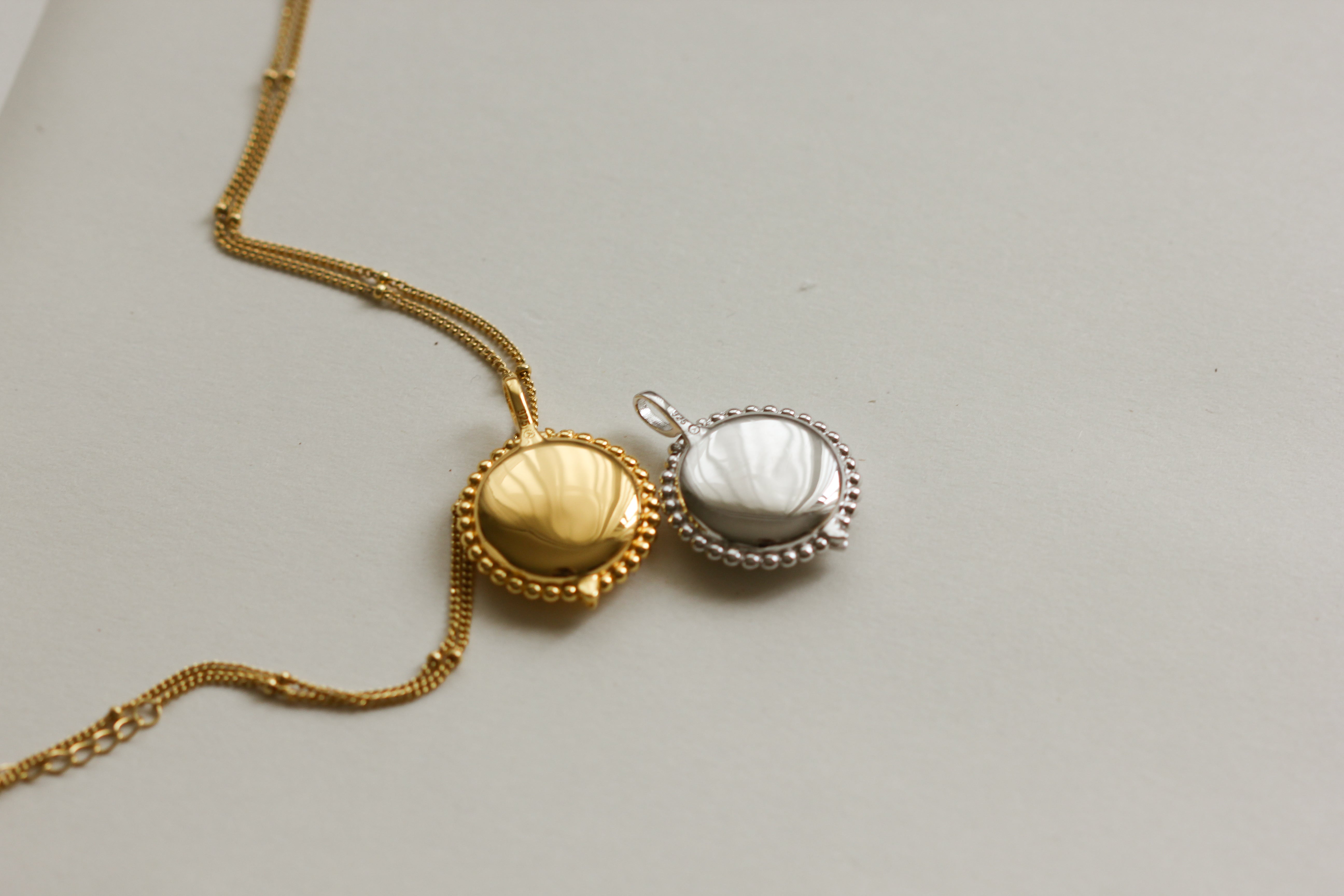 Personalised gold vermeil, sterling silver initial necklace locket Shown with a beaded chain 