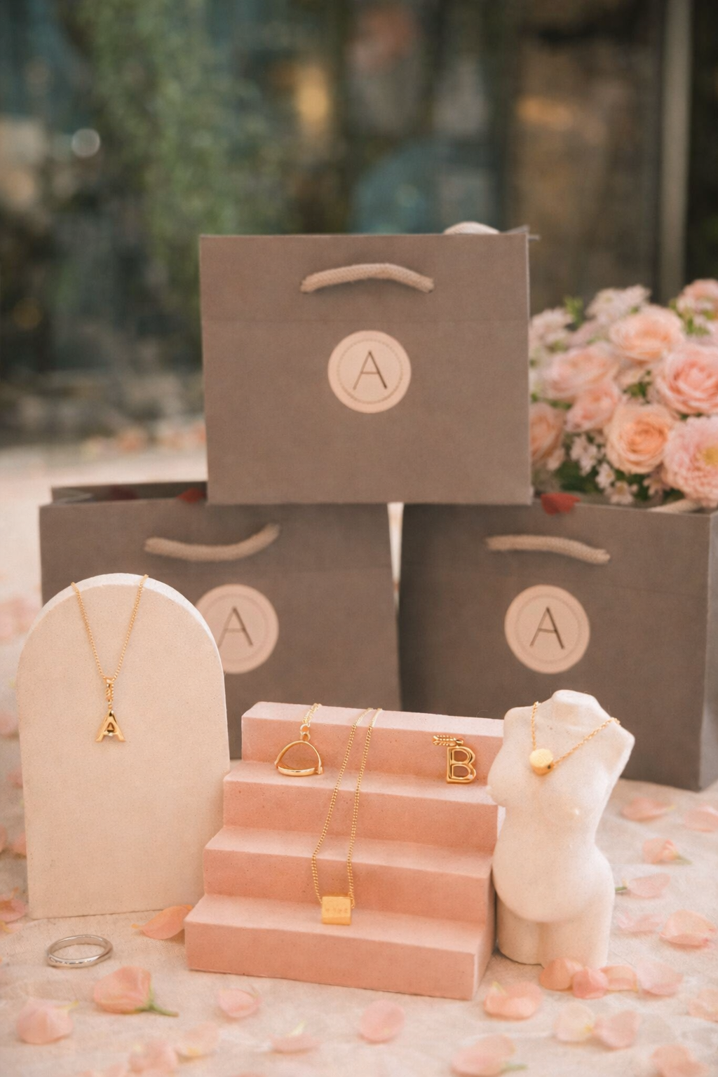 Jewelry display with necklaces on a stand and in boxes, surrounded by flowers.